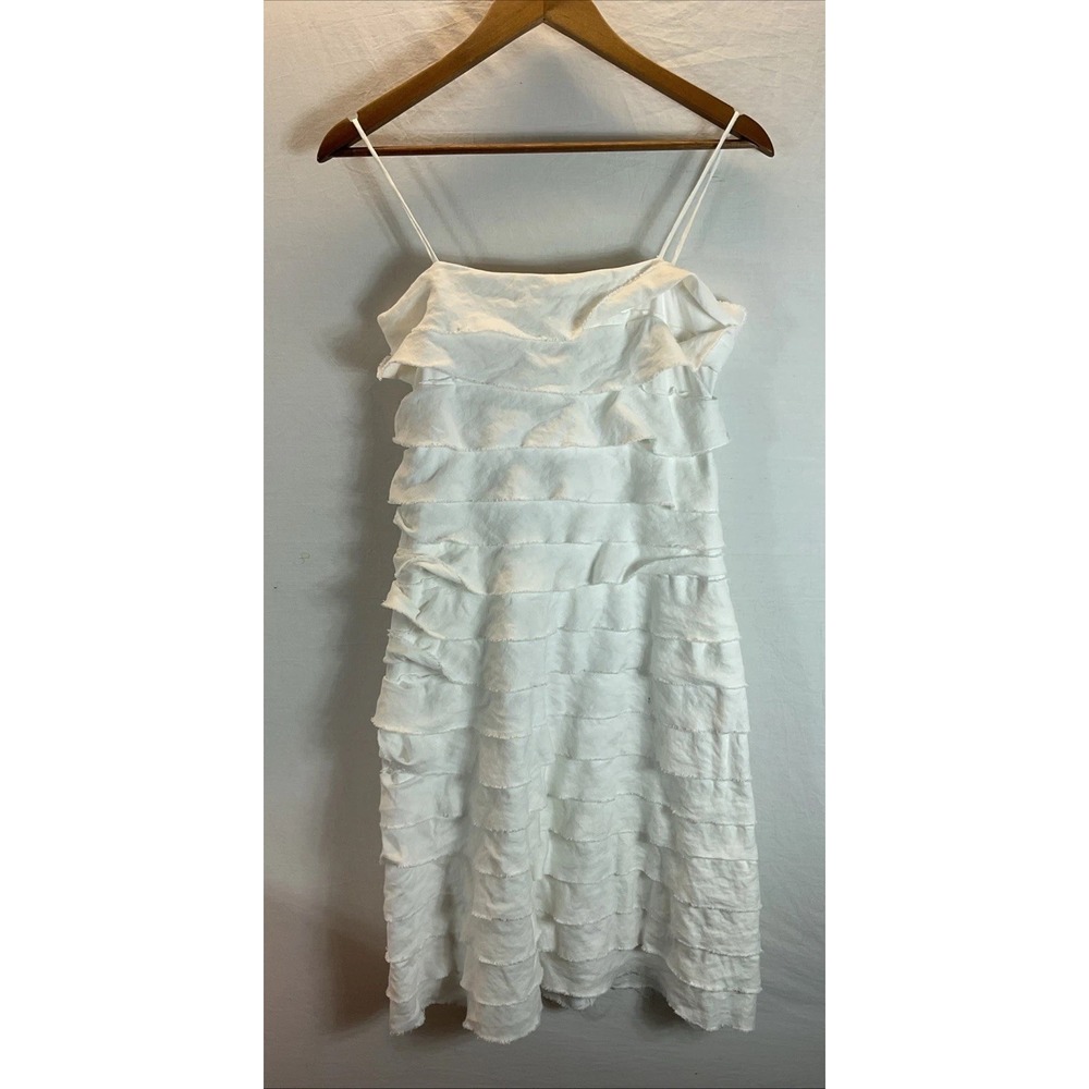 VTG J Crew white Linen ruffled raw hem sundress classic neutral garden party SM
